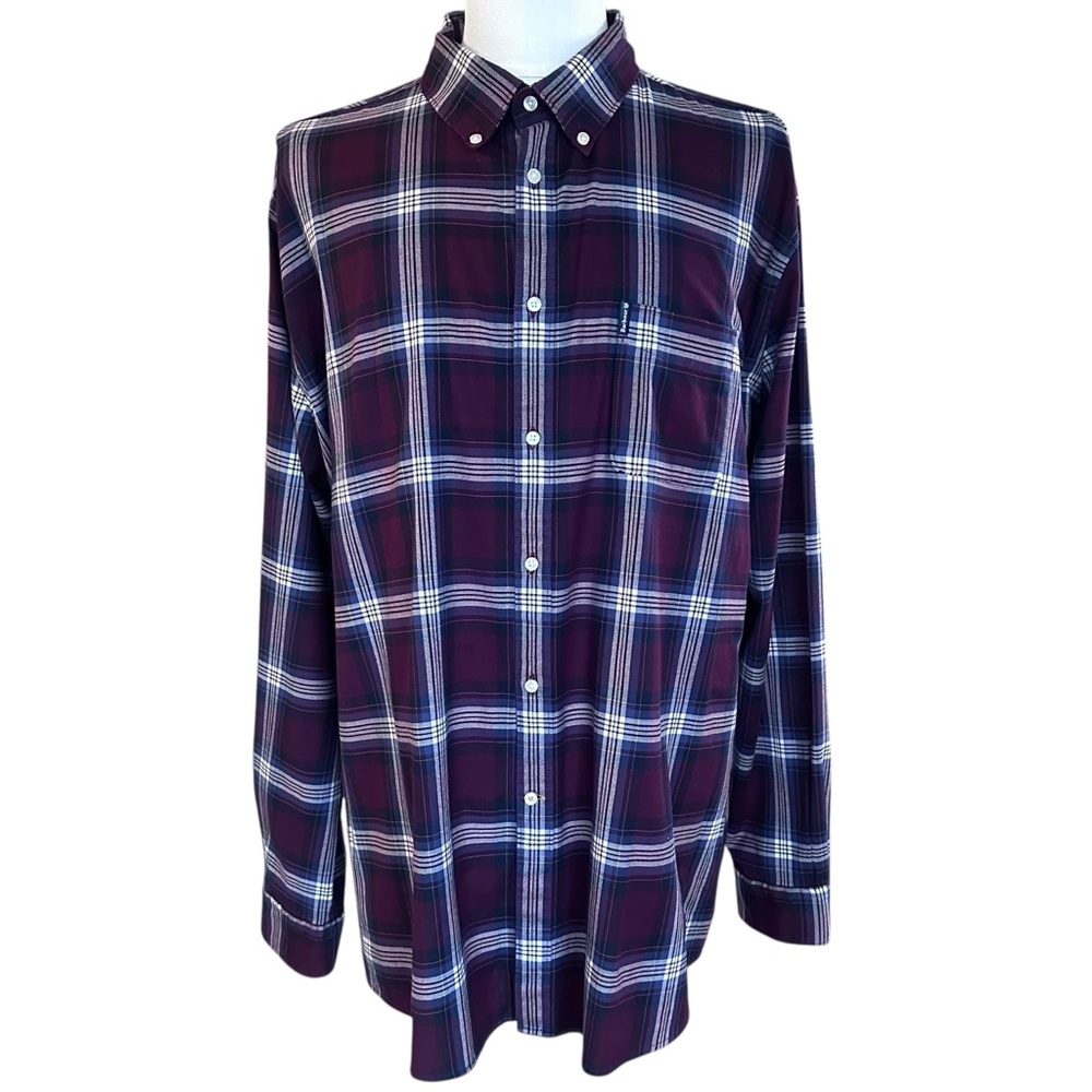 Barbour Men's Tailored Fit Button Down‎ Shirt XL Maroon Navy Plaid
